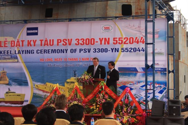 Ông Pimchuurman - Chủ tịch HĐQT Damen Holdings Việt Nam phát biểu tại buổi lễ.